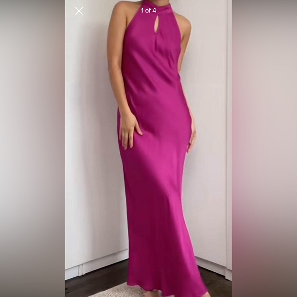 Magenta Pink Halter Maxi Slip Dress (Medium)